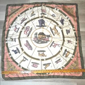 Vintage Noahs Ark Animal Print Silk Square Scarf Olive Green Pink 34 Inch